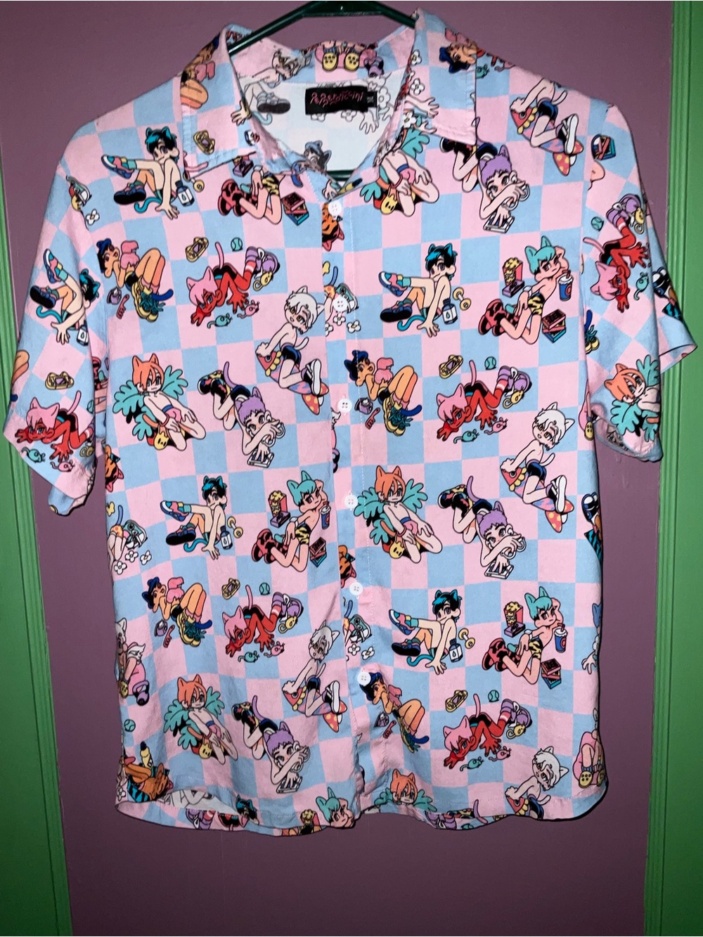 Pepperonccini Anime Cat Boy Button-Up Shirt - Pink/Blue Checkerboard Size M